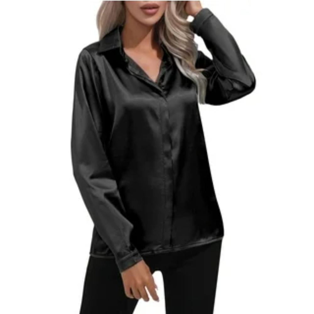 KFAB Designs Black Satin Faux Button Long Sleeve Blouse NWOT Medium